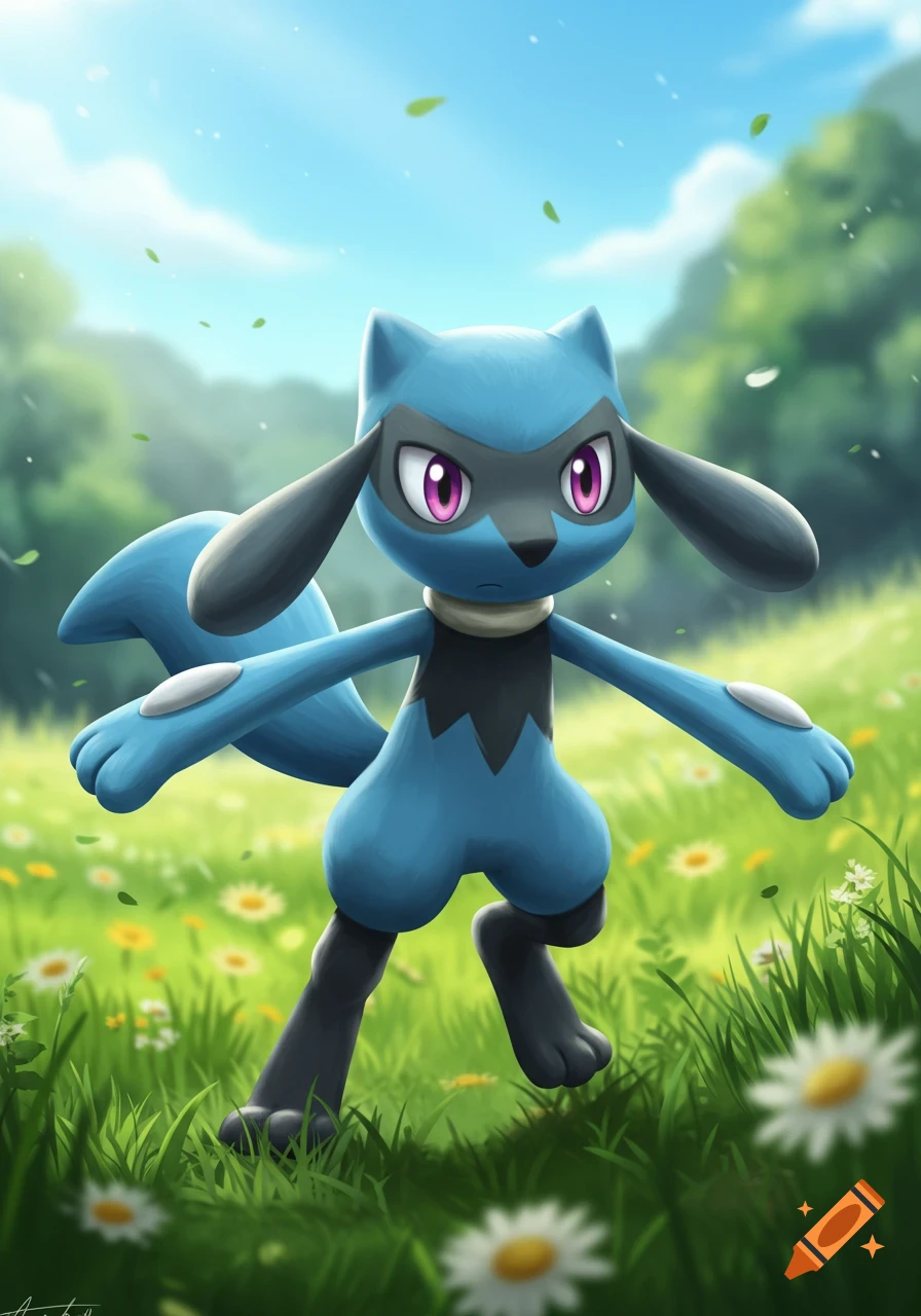 A blue and black Riolu Pok 00e9mon with purple eyes stands in a vibrant ...