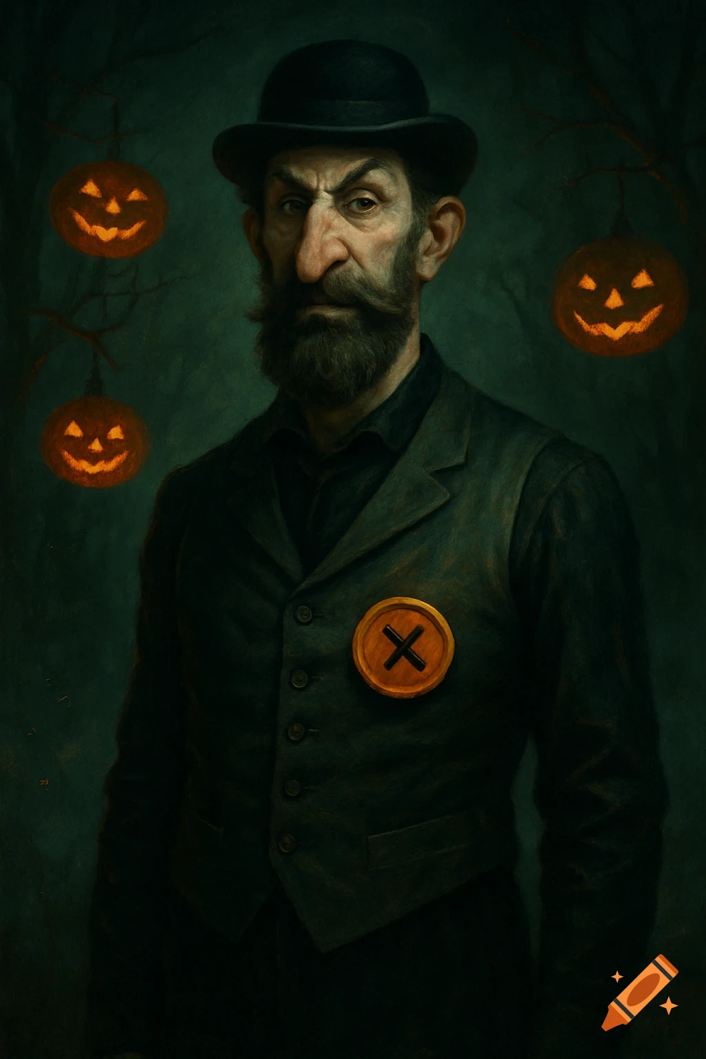 A stern man with a large nose and beard, wearing a dark vest with an 'X ...