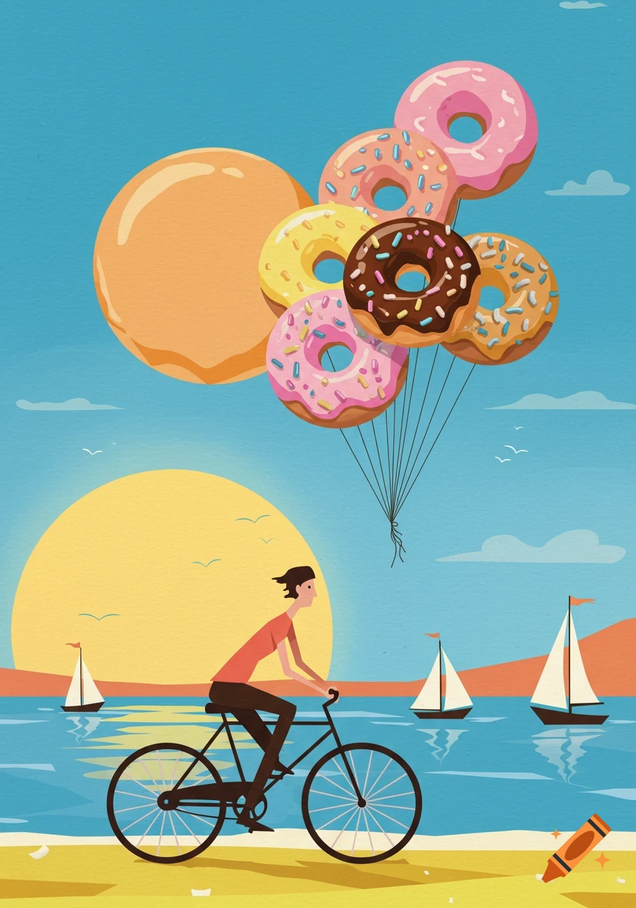 A graphic illustration of a person on a bicycle with donut wheels, holding donut balloons. A large donut-shaped sun sets over a body of water with sailboats.