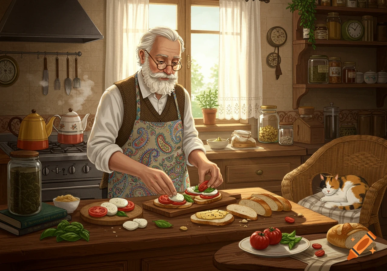An older man with a white beard and glasses makes caprese sandwiches in a warm, rustic kitchen, with a calico cat sleeping in a wicker chair nearby.