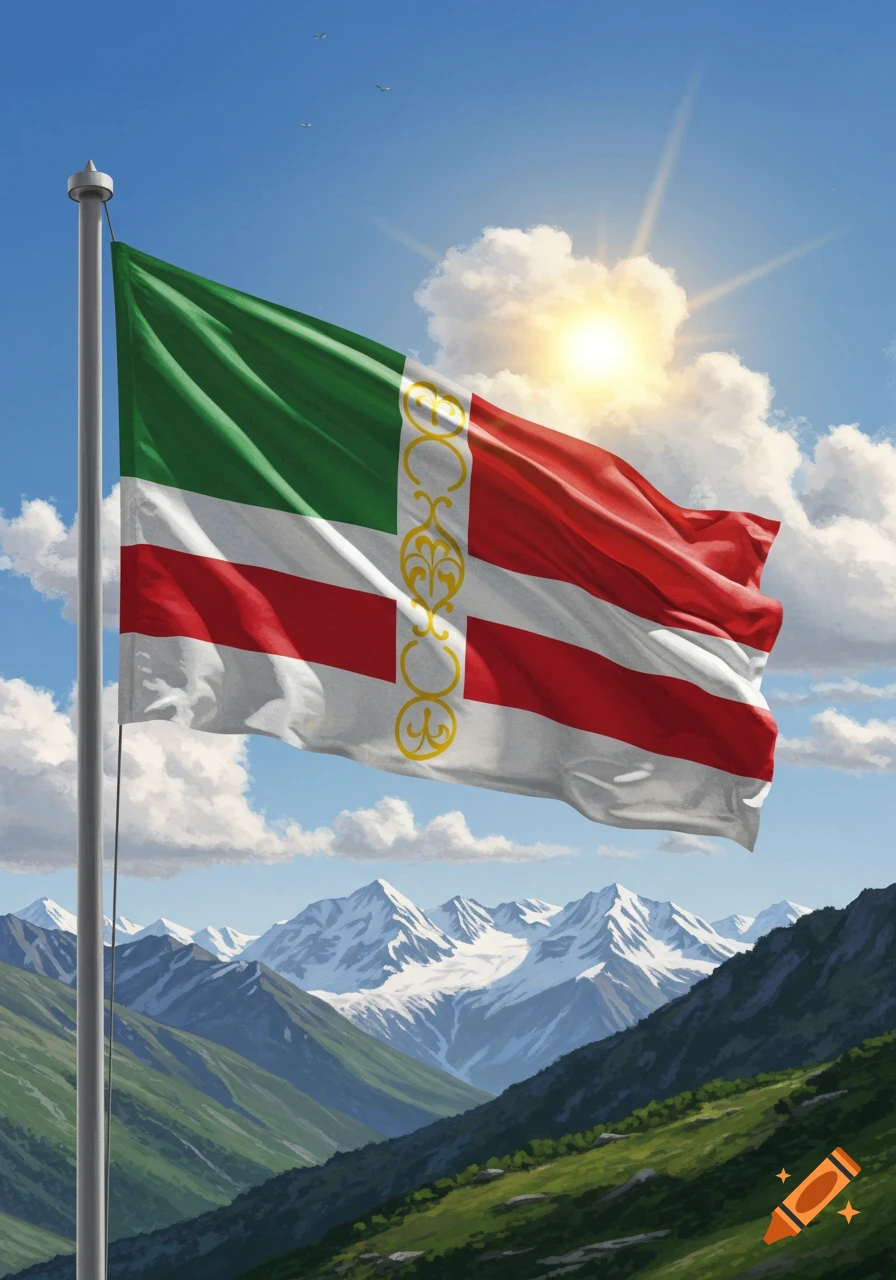 A flag with green, white, and red stripes and a vertical golden ornament, flying on a pole against a mountain range under a sunny sky.