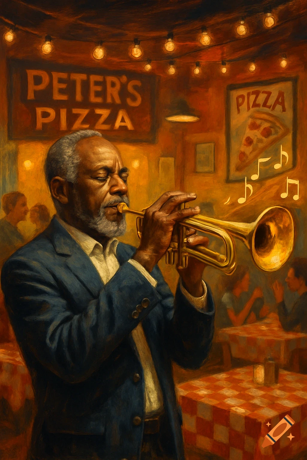 Older Black man with gray beard playing a trumpet in a painterly style in a warmly lit Peter's Pizza restaurant.
