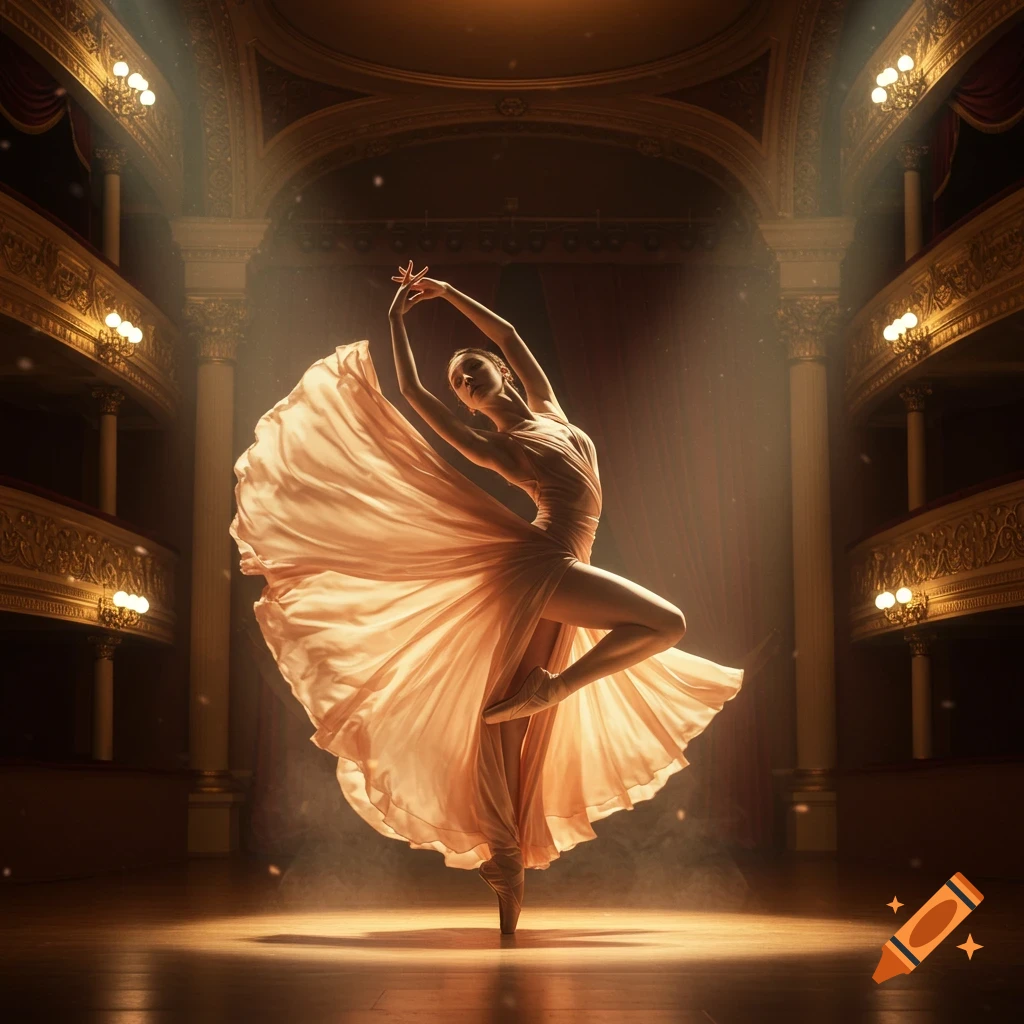A ballet dancer in a flowing peach dress performs elegantly on a spotlighted stage in a grand theater.