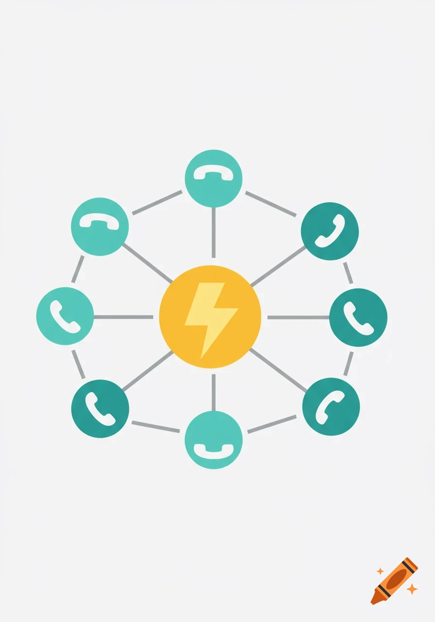 Flat, modern illustration of a yellow lightning bolt icon at the center of a network of teal phone receiver icons connected by lines.