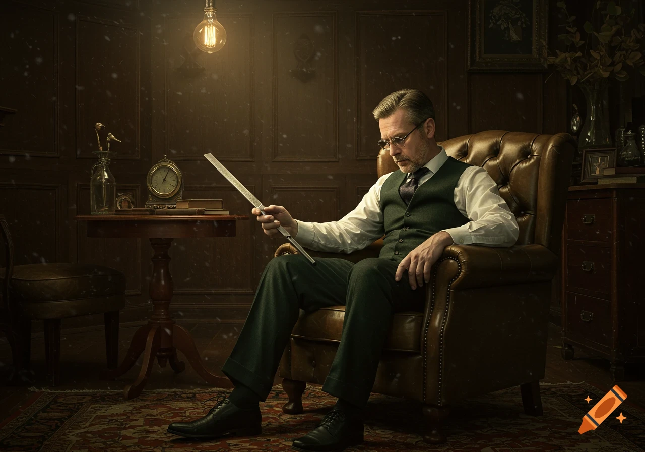 A man in a dark green waistcoat and glasses sits in a leather armchair in a dimly lit, wood-paneled room, holding a metal ruler.