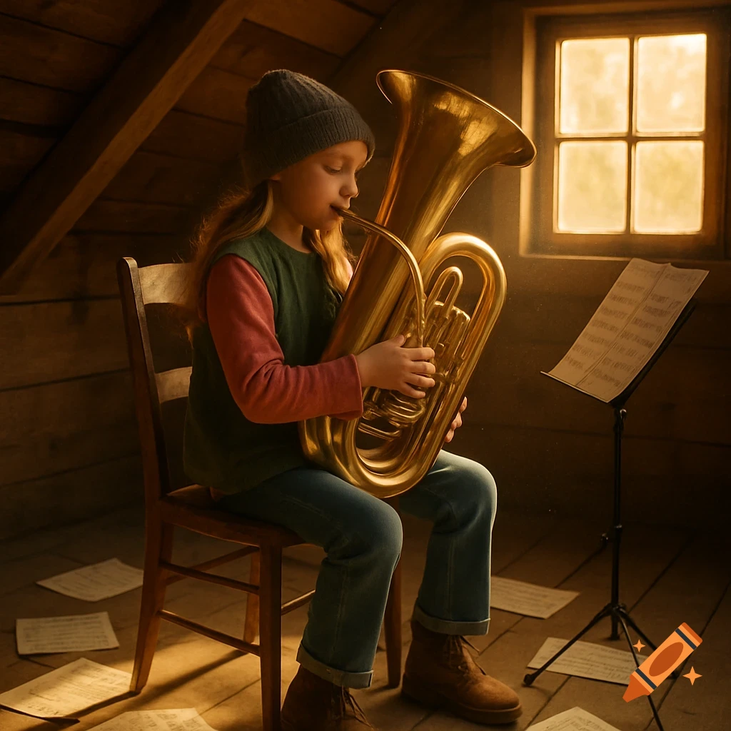 A young girl in a beanie and layered clothes sits on a chair, playing a large brass tuba in a rustic attic with sheet music scattered around.