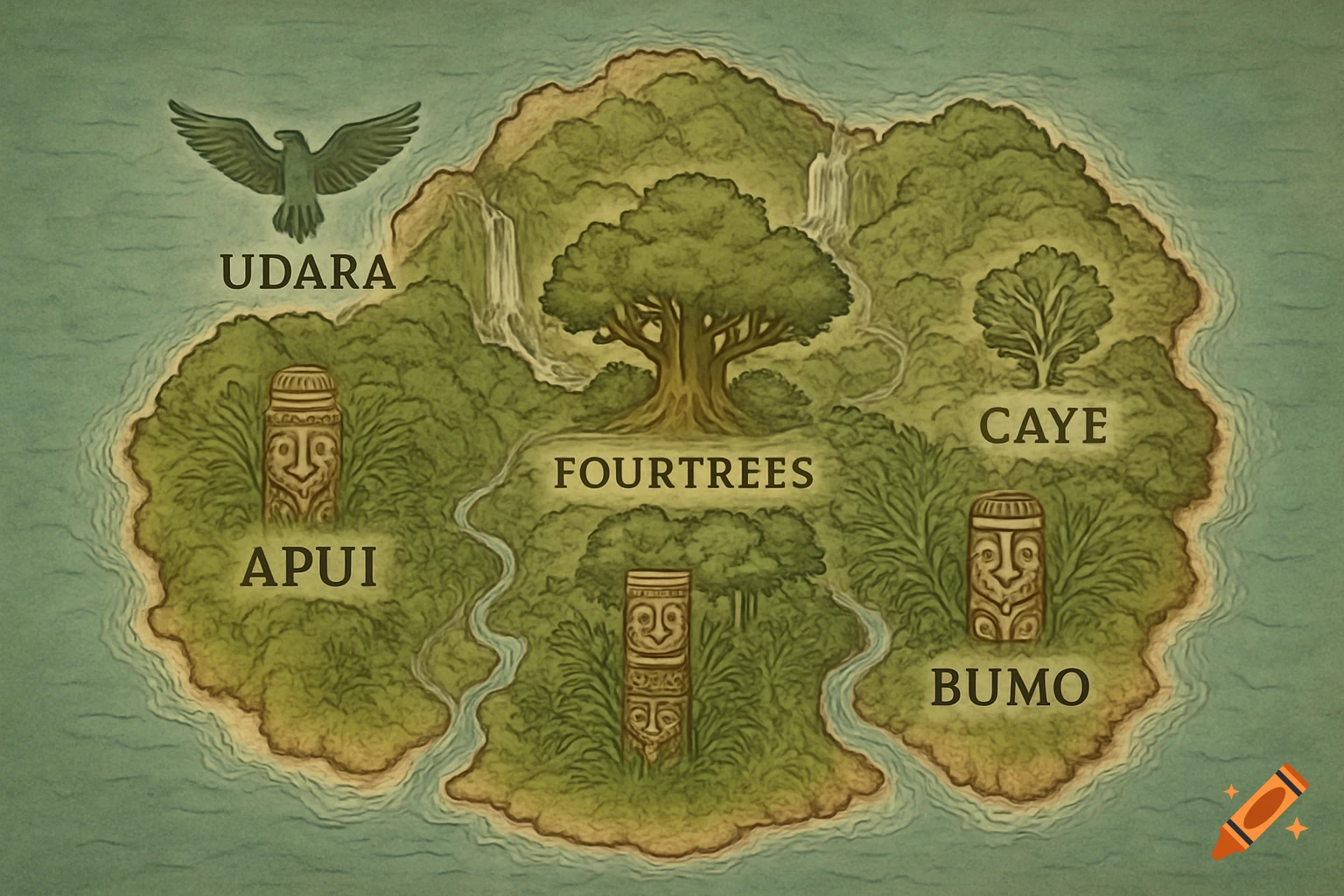 A stylized fantasy map of a green island with named territories 'Udara', 'Apui', 'Fourtrees', 'Caye', and 'Bumo' amidst trees and rivers.