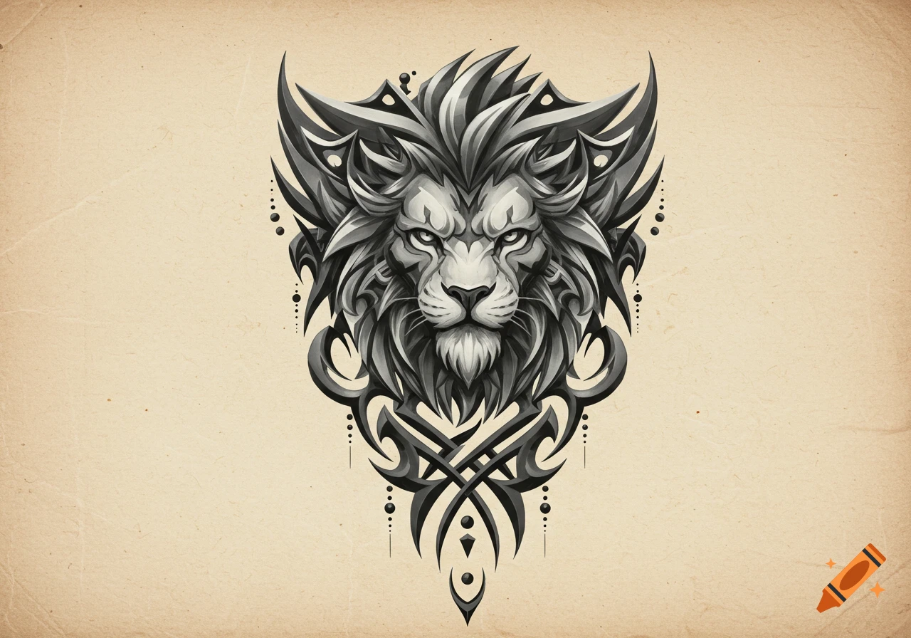 Stylized, monochromatic lion's head with tribal and decorative elements on a textured beige background.