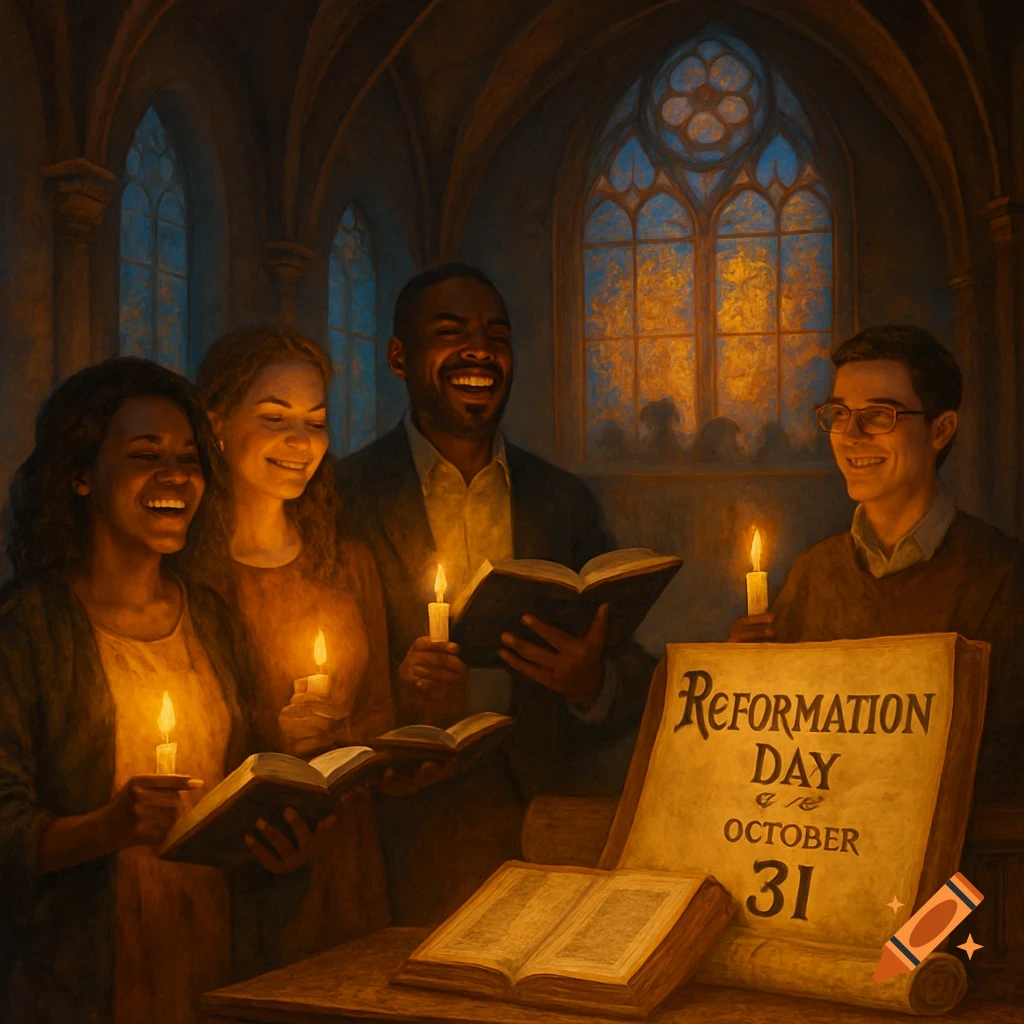 Four diverse people smiling, holding candles and books in a dimly lit church with stained glass windows. A banner reads "REFORMATION DAY OCTOBER 31."