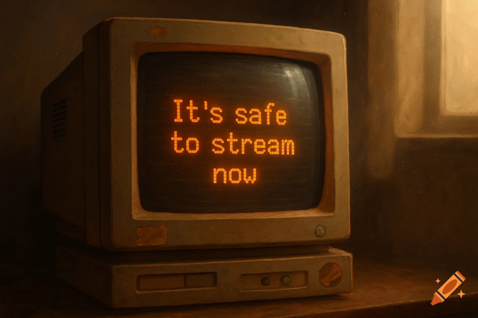 An old, dusty CRT monitor displays glowing orange pixelated text 'It's safe to stream now' in a dimly lit room.