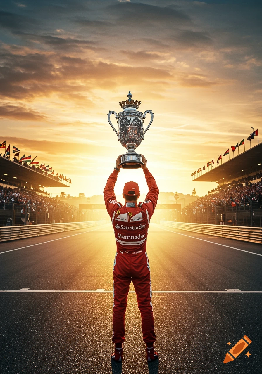 Photorealistic image of a Formula 1 driver in a red suit holding a trophy high on a race track at sunset, with a crowd in the stands.