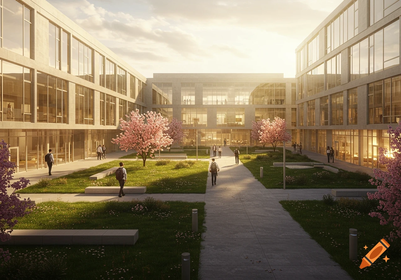 A photorealistic modern academic courtyard with large glass buildings, cherry blossom trees, green grass, and students walking under warm sunlight.