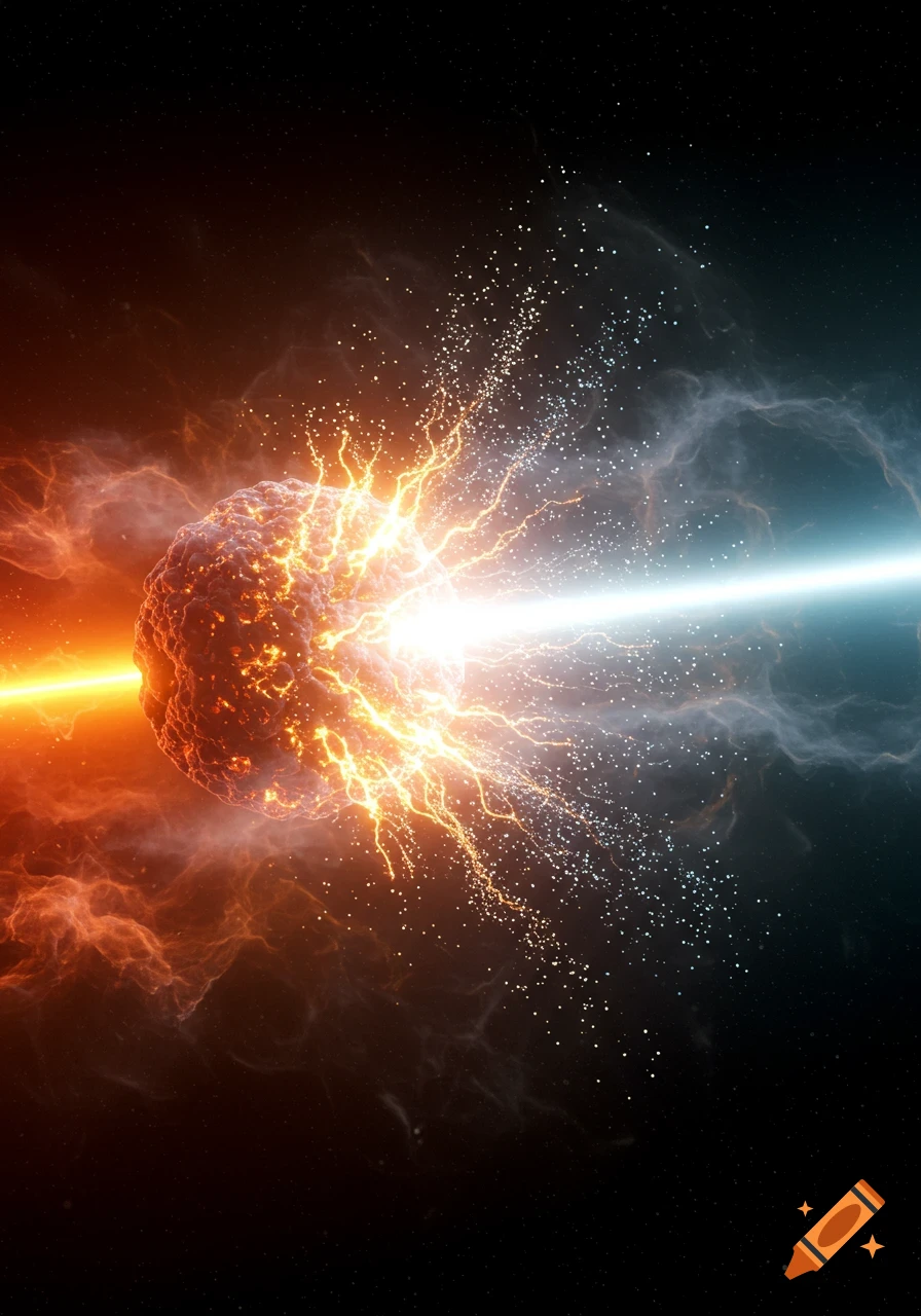 A glowing, textured sphere in space is struck by a bright blue light beam, causing an orange-red explosion with electric sparks and ejected particles against a dark, star-filled background with nebulae.