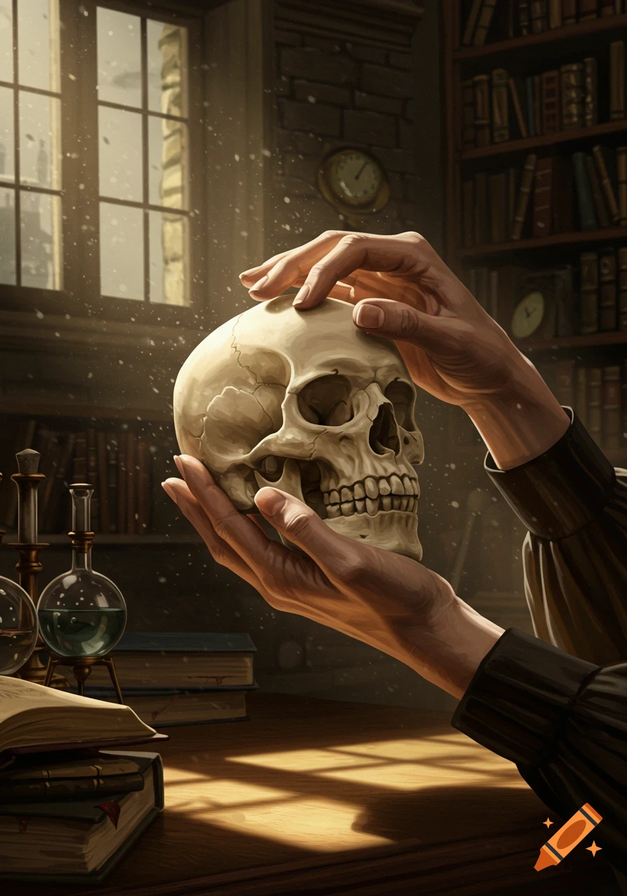 Hands gently hold a human skull in a dimly lit, atmospheric study filled with books and laboratory glassware near a window.