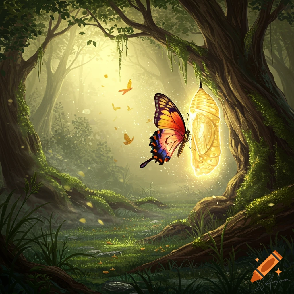 A vibrant butterfly emerges from a glowing chrysalis, surrounded by lush, sunlit forest trees and mossy ground in a fantasy art style.