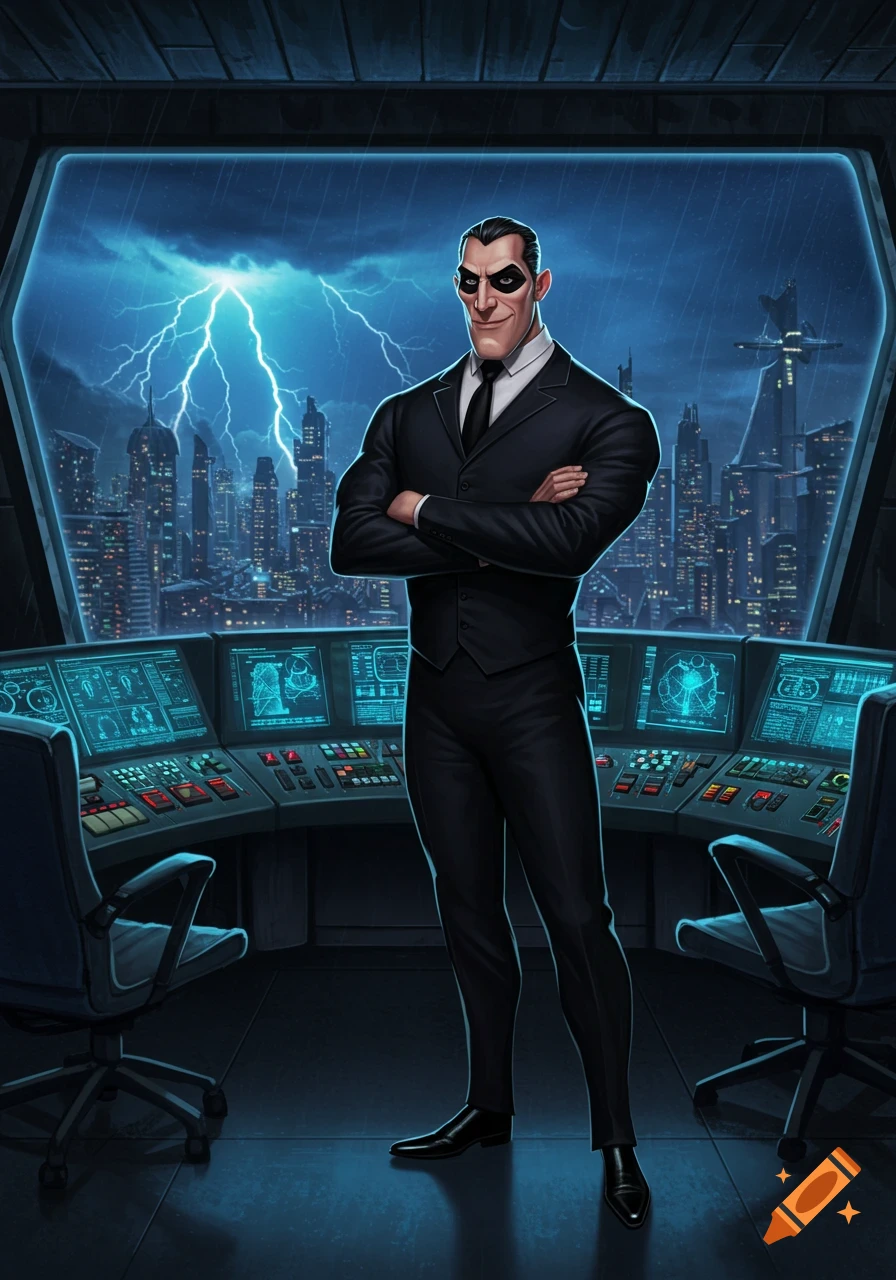 A man in a black suit and mask stands in a futuristic control room overlooking a stormy city with lightning, in a stylized art style.
