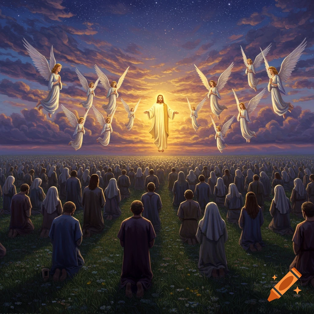 Jesus descends from a glowing sky with angels, as a vast crowd kneels in a field at sunset.