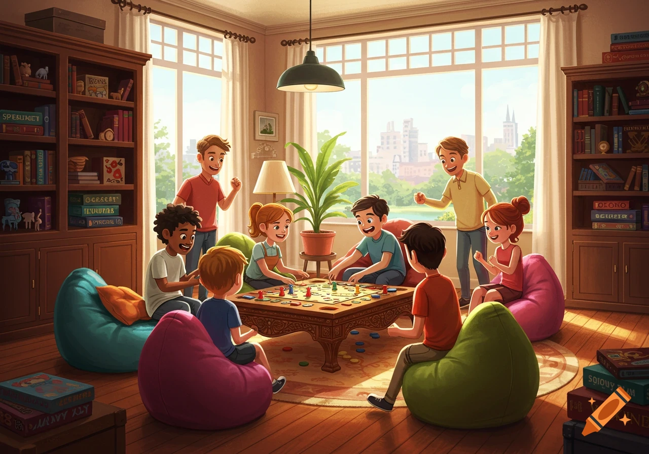 An illustration of several children gathered around a table playing a board game in a sunlit living room.