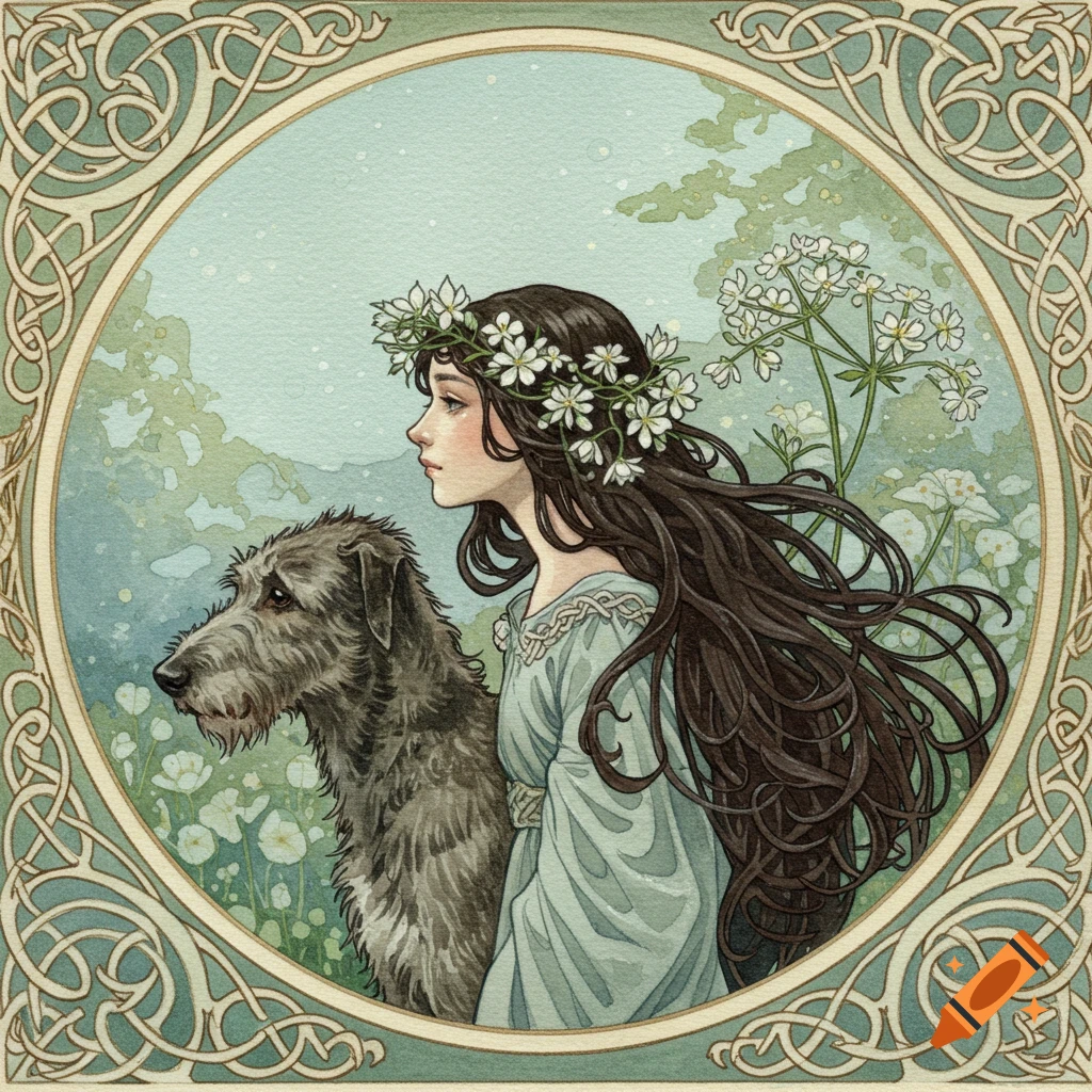 Watercolor Art Nouveau painting of a girl with long dark hair and a flower crown, beside an Irish wolfhound, framed by Celtic knots.