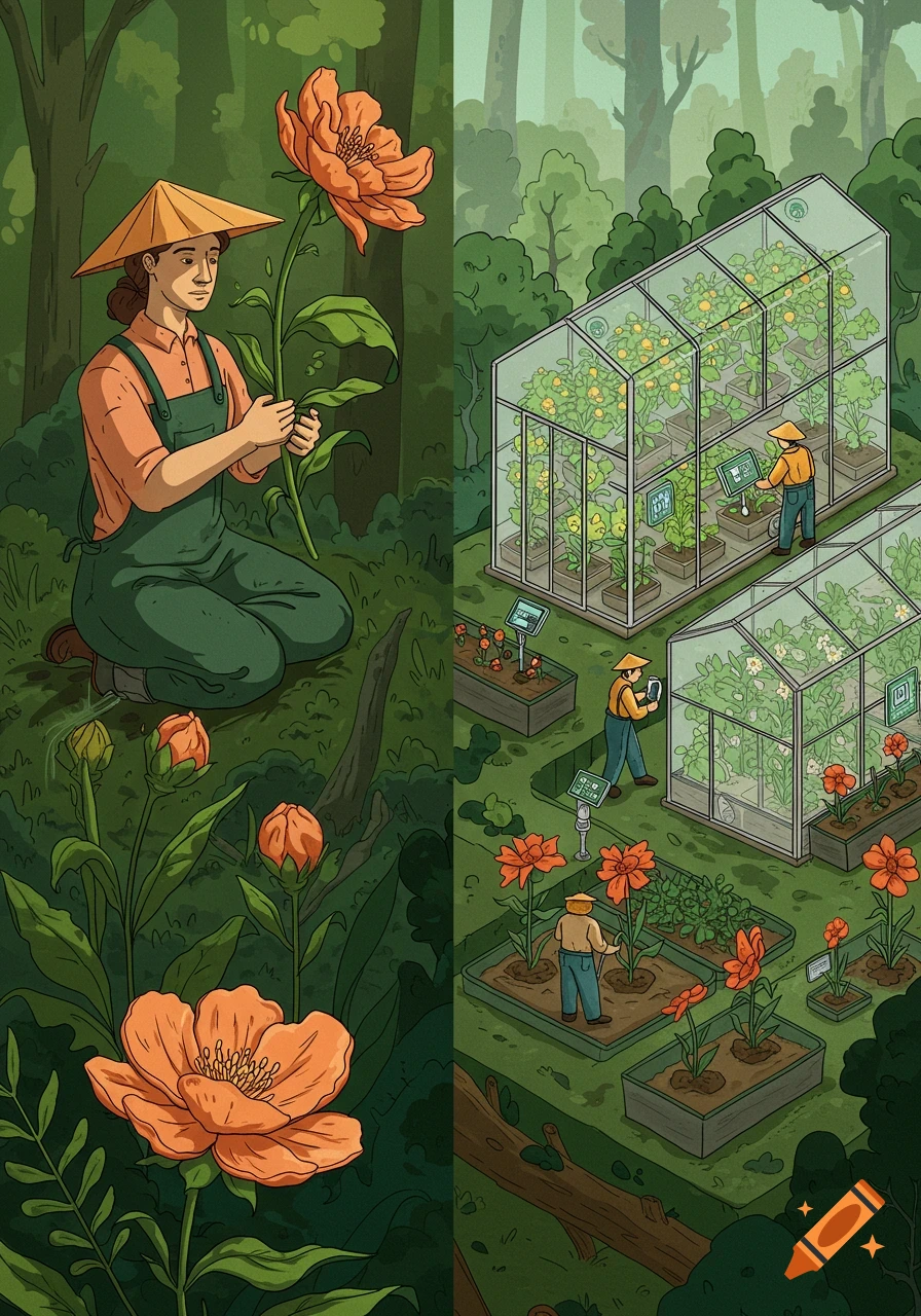 Illustration: Left, person in a conical hat tends giant flower in forest. Right, modern garden with greenhouses, workers, and sensors.