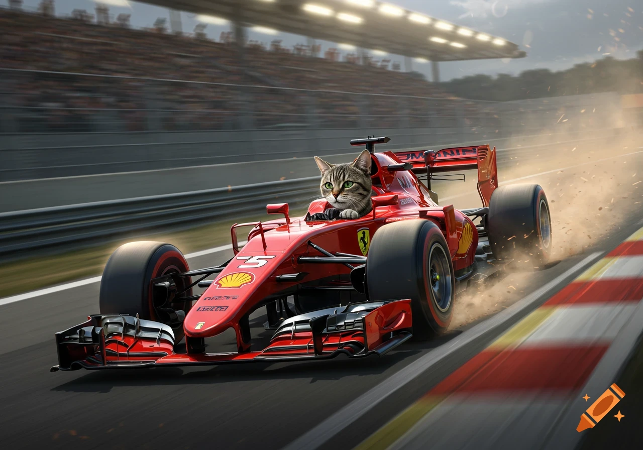 A photorealistic tabby cat drives a red Formula 1 car at high speed on a race track, kicked up dust behind.