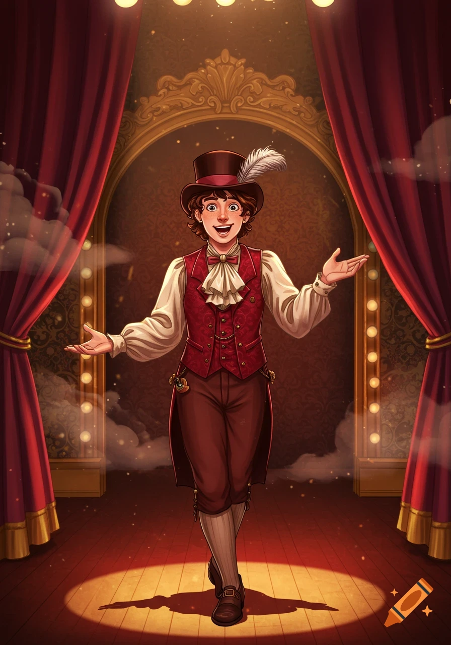 A smiling performer in a red vest, top hat, and ruffled shirt stands on a stage with red curtains, illuminated by a spotlight.