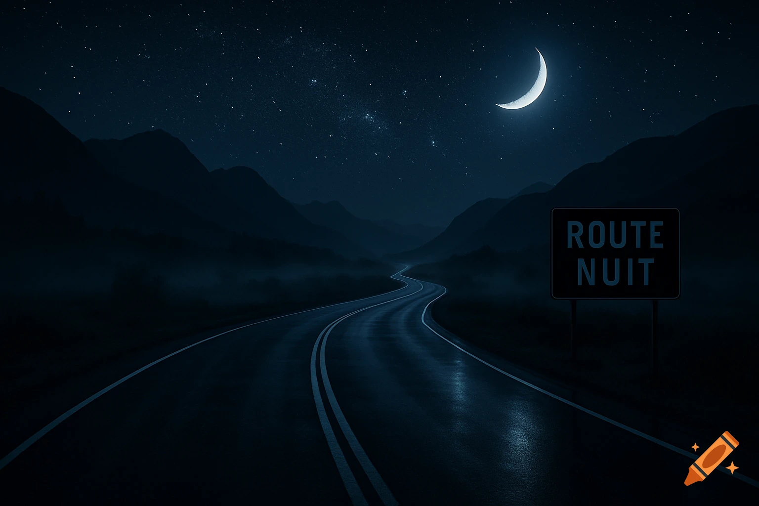 A winding road through mountains at night under a starry sky and crescent moon, with a sign reading 'ROUTE NUIT'.