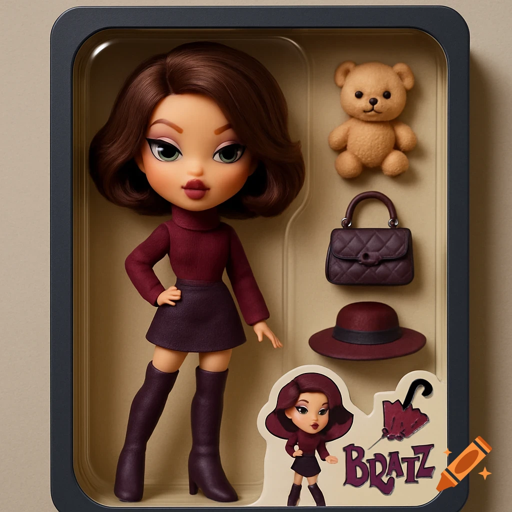 A 3D rendered Bratz-style doll in a toy package with a teddy bear, purse, hat, and umbrella. The package has a sticker with a smaller doll and 'BRATZ' text.