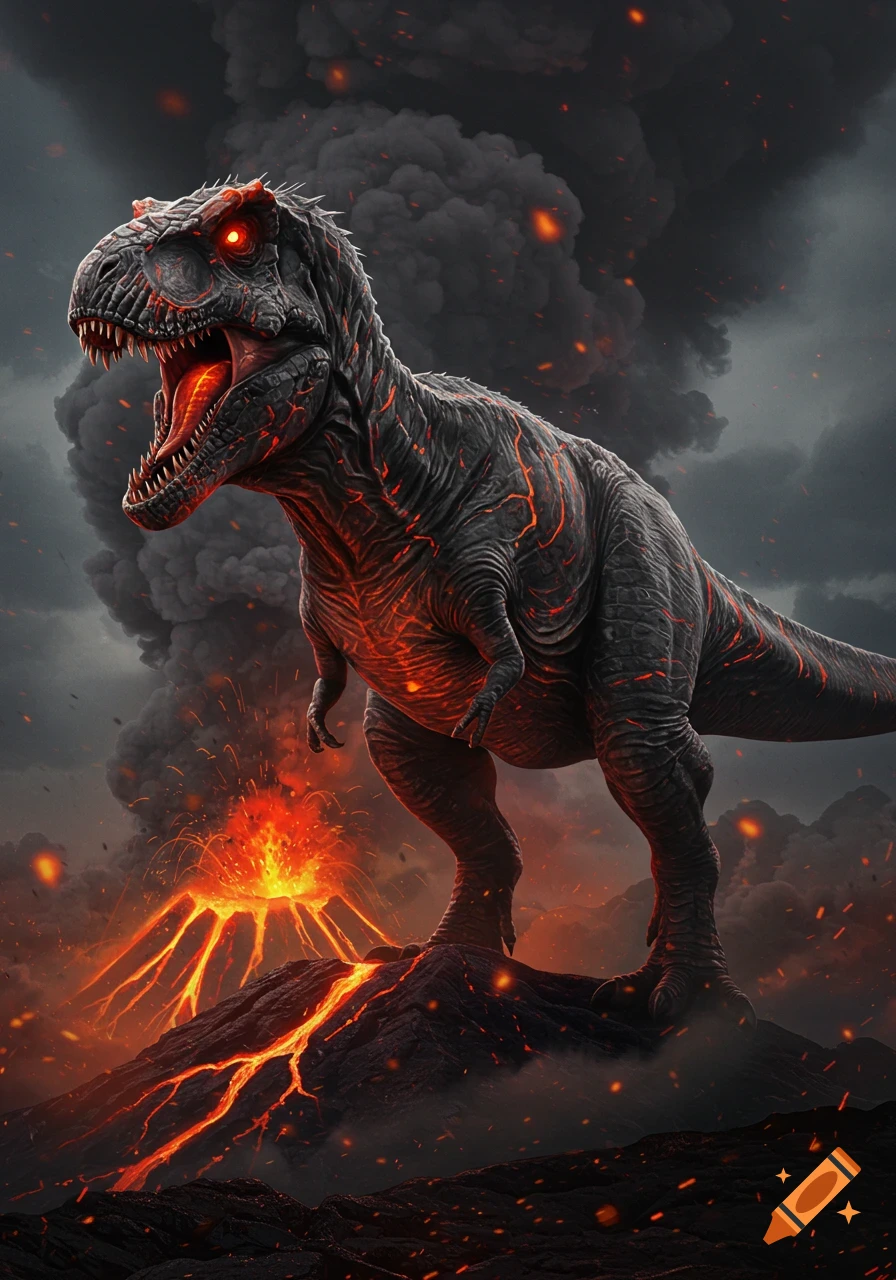 A monstrous, black T-Rex with glowing red eyes and lava-like cracks on its body stands on a volcanic hill, erupting behind it. Dark, smoky sky.