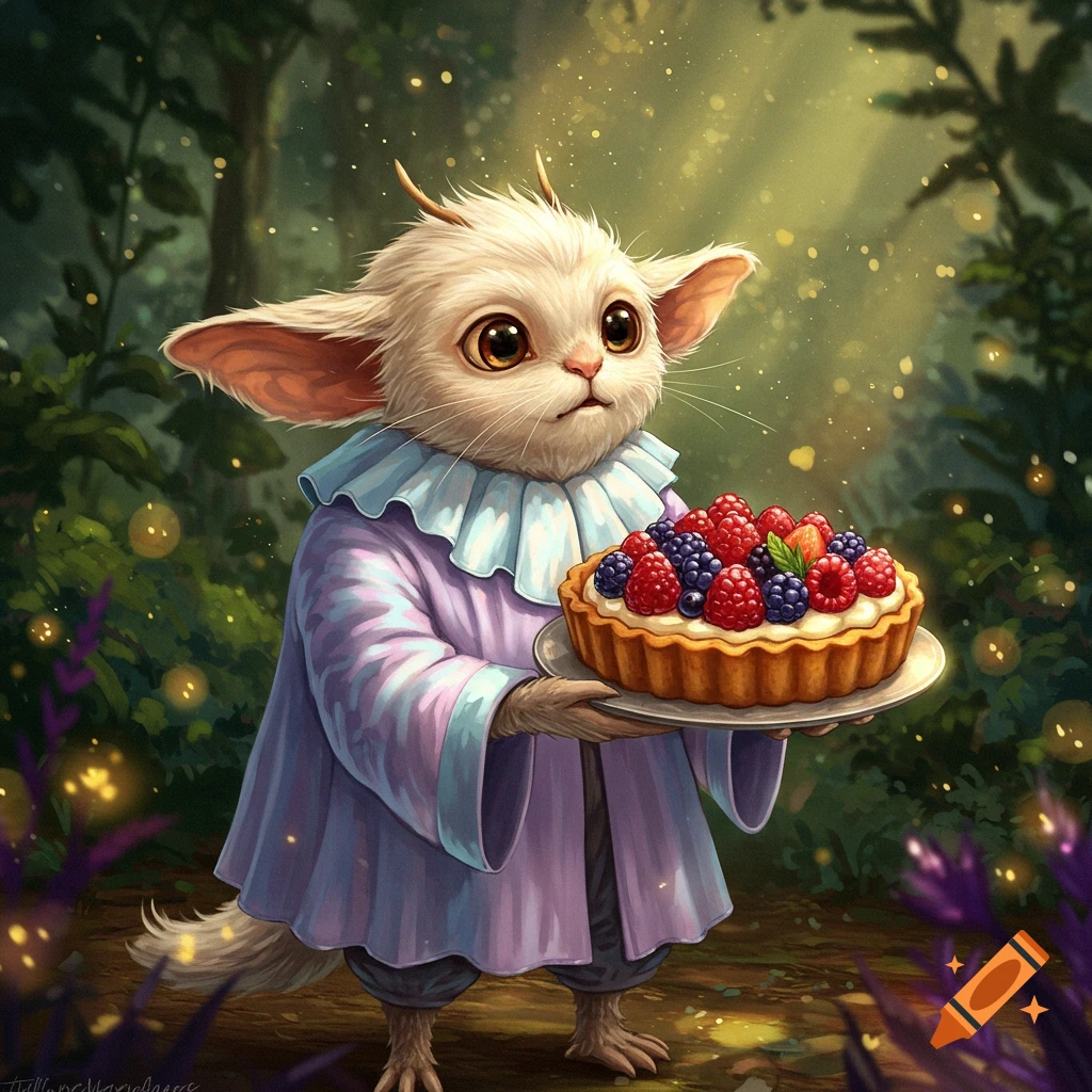 A cute, furry, big-eared creature in a purple coat holds a fruit tart in a glowing magical forest, digital art.