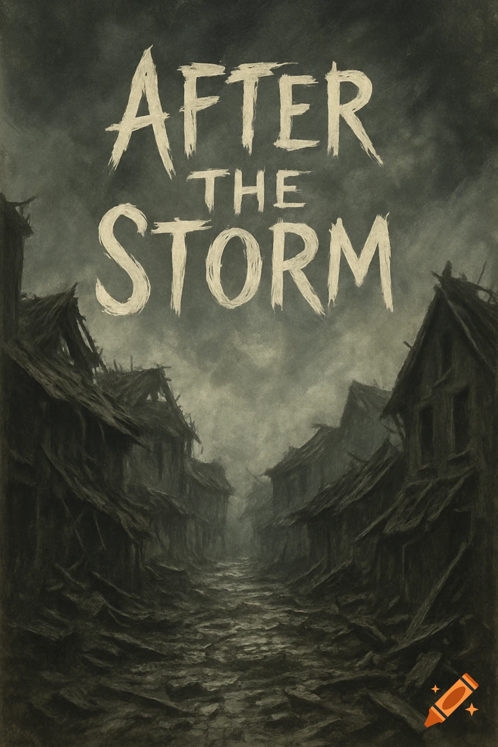 Dark, moody digital painting of a ruined street with collapsed buildings and debris under a cloudy sky, titled 'After the Storm'.