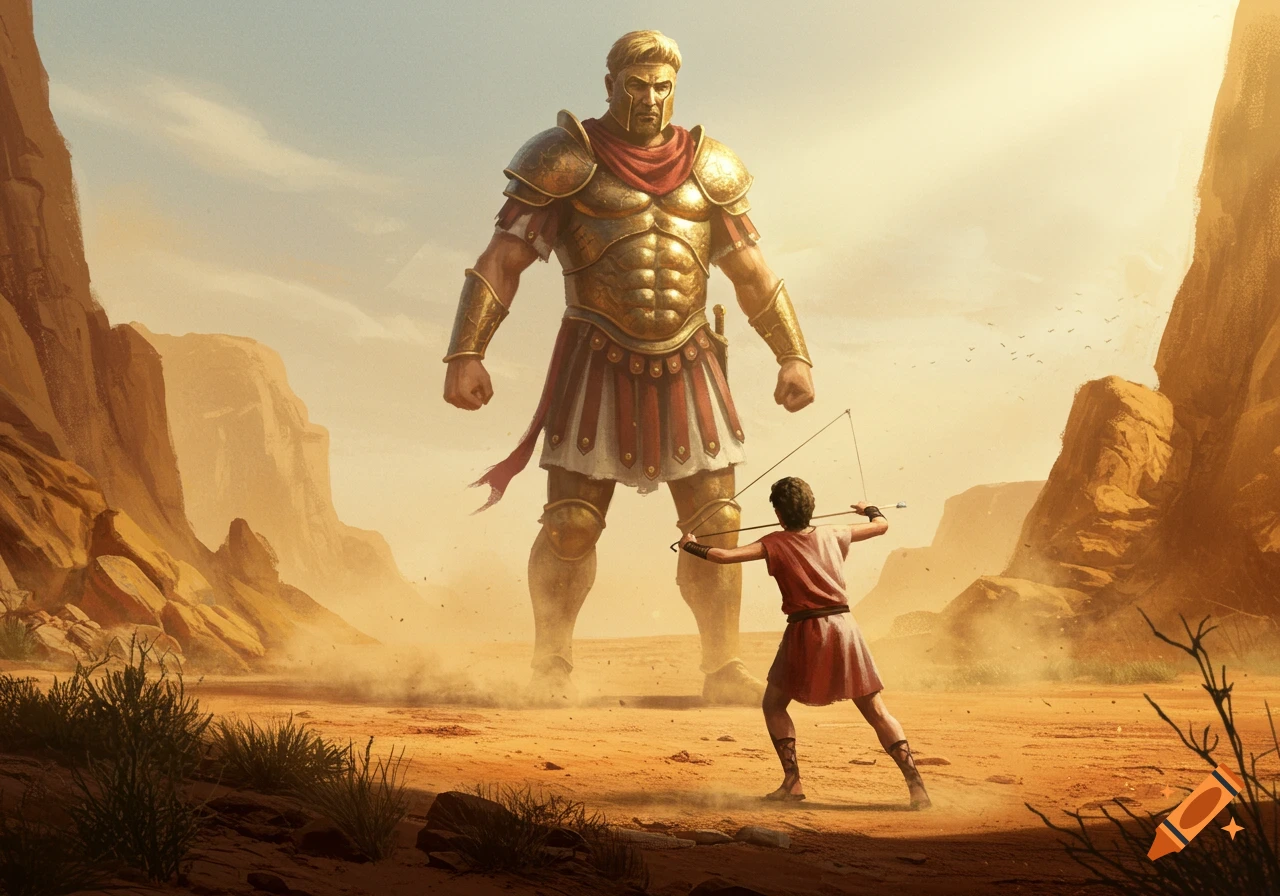 A small figure aims a bow at a towering armored giant in a dusty desert landscape under a clear sky.