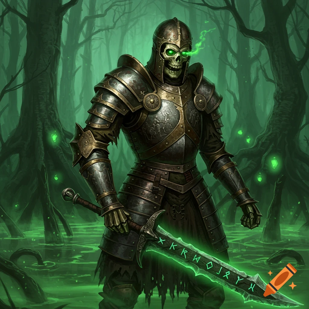 A skeletal warrior in ornate dark armor with glowing green eyes, holding a glowing runic sword in a misty green swamp forest.