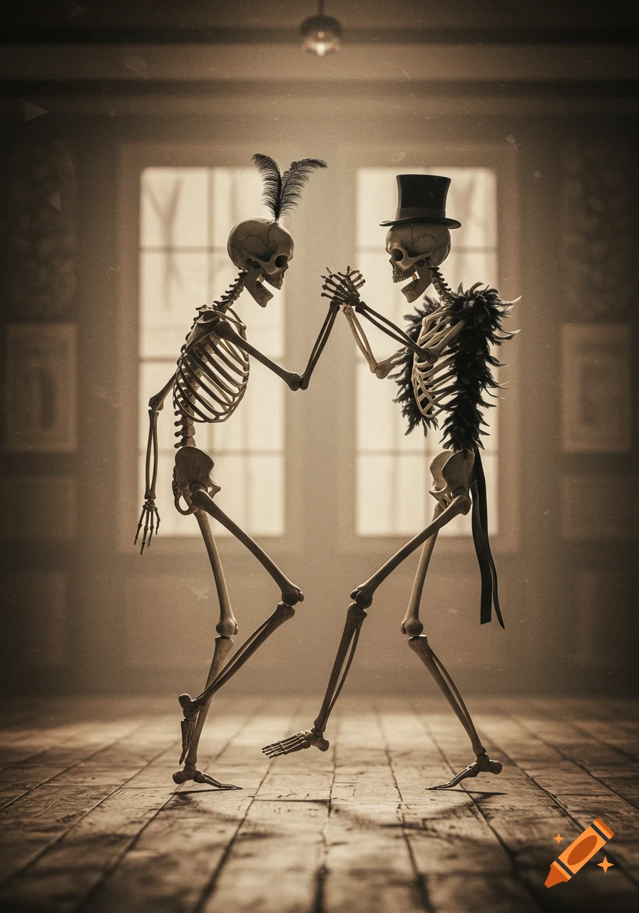 Two skeletons in formal attire dancing in a vintage sepia-toned room, illuminated by light from large windows.