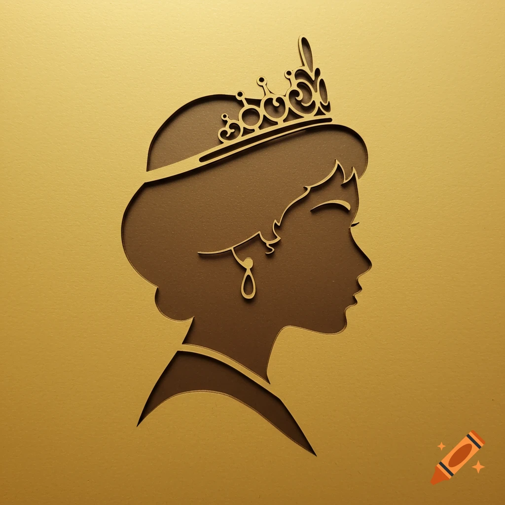 A golden paper-cut silhouette of a princess's head and neck, wearing a crown and an earring, against a solid gold background.