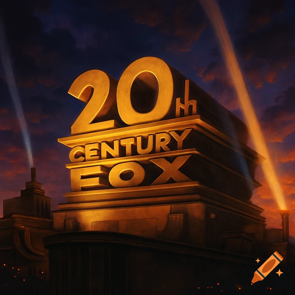 A golden 20th Century Fox logo with spotlights against a dramatic orange and blue sky.