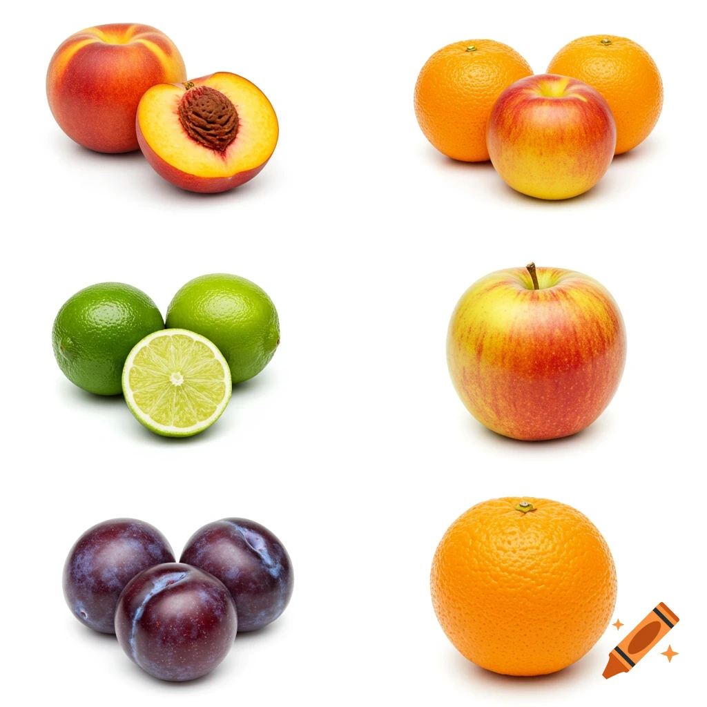 A grid of six squares, each featuring different types of whole and cut fruits with a plain white background, including peaches, oranges, apples, limes, and plums.