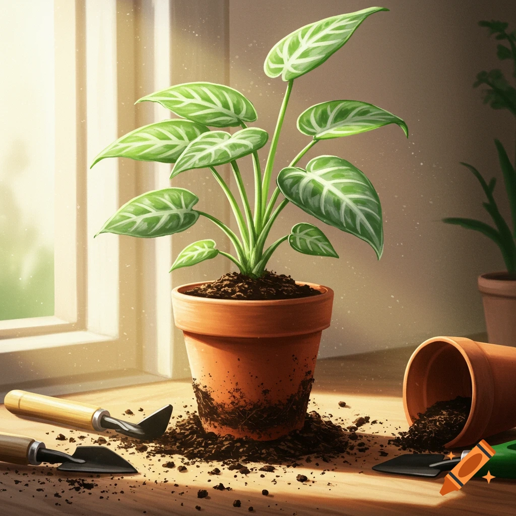 A vibrant green potted plant with spilled soil, gardening tools, and an empty pot on a sunny wooden table, digital art style.