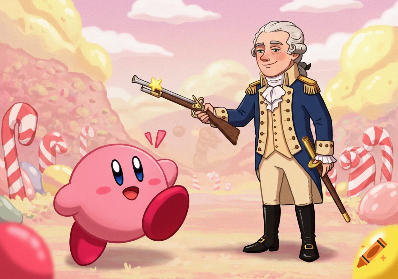 Happy pink Kirby runs towards cartoon George Washington holding a musket in a whimsical candy land.