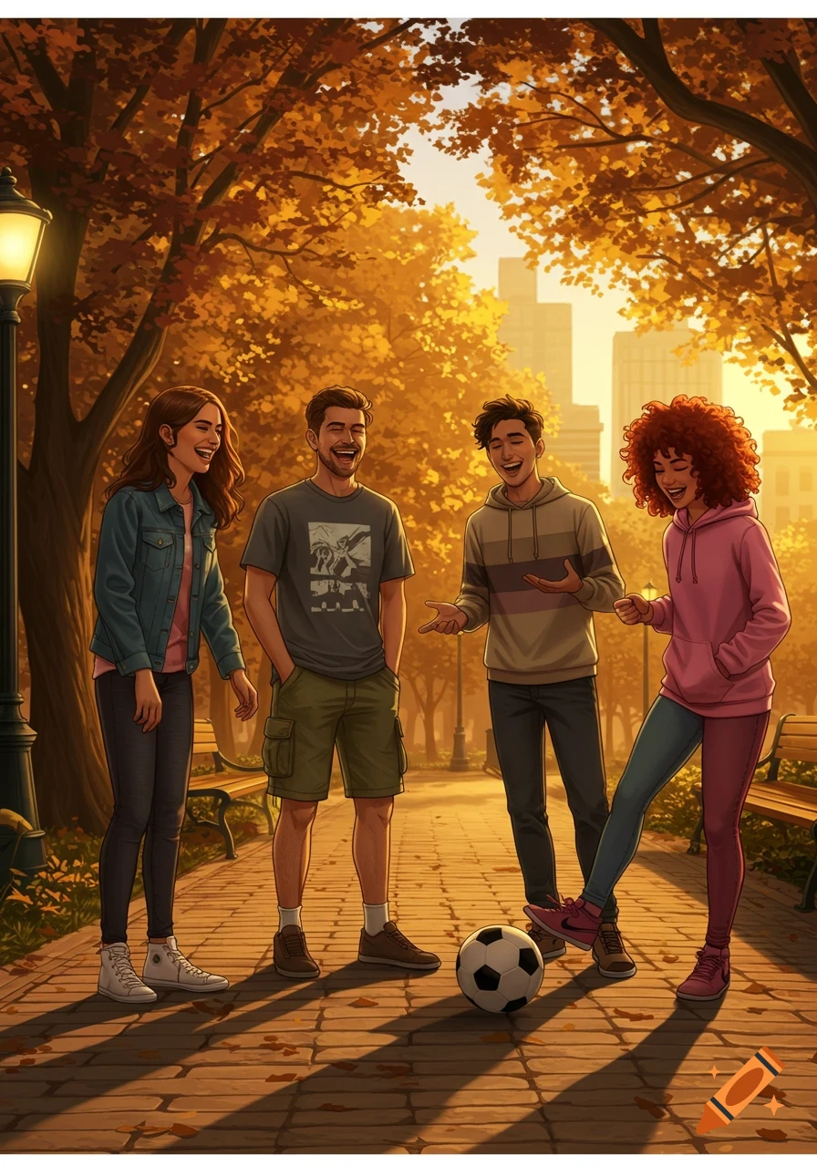 Four laughing young adults gather in an autumn park with a soccer ball, city skyline visible in the background, in a cartoon style.