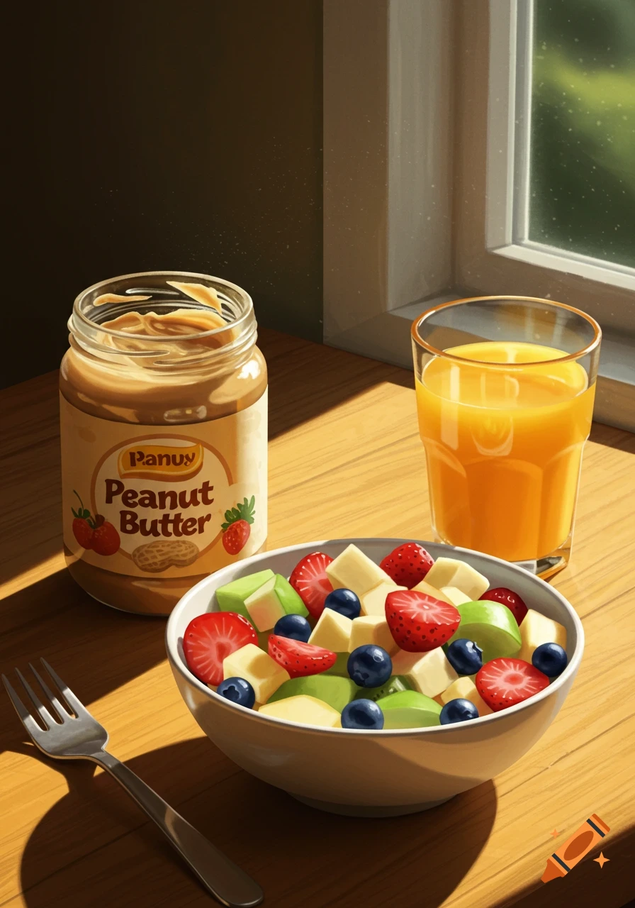 An illustrative still life of a breakfast spread: a jar of peanut butter, a fruit salad bowl, a glass of orange juice, and a fork on a wooden table by a window.