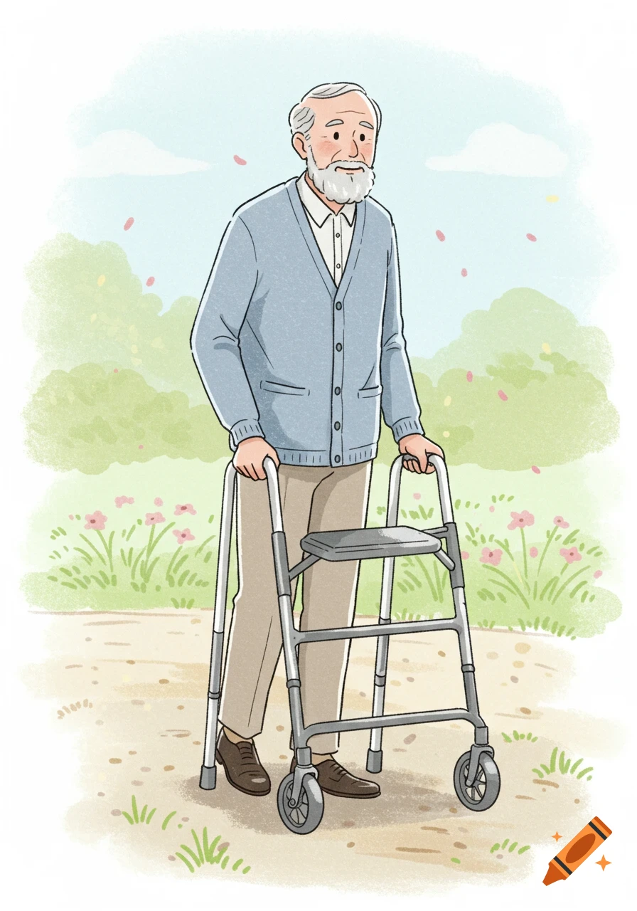 An illustrated elderly man with a white beard walks outdoors using a four-wheeled walker in a soft-colored, clipart style.