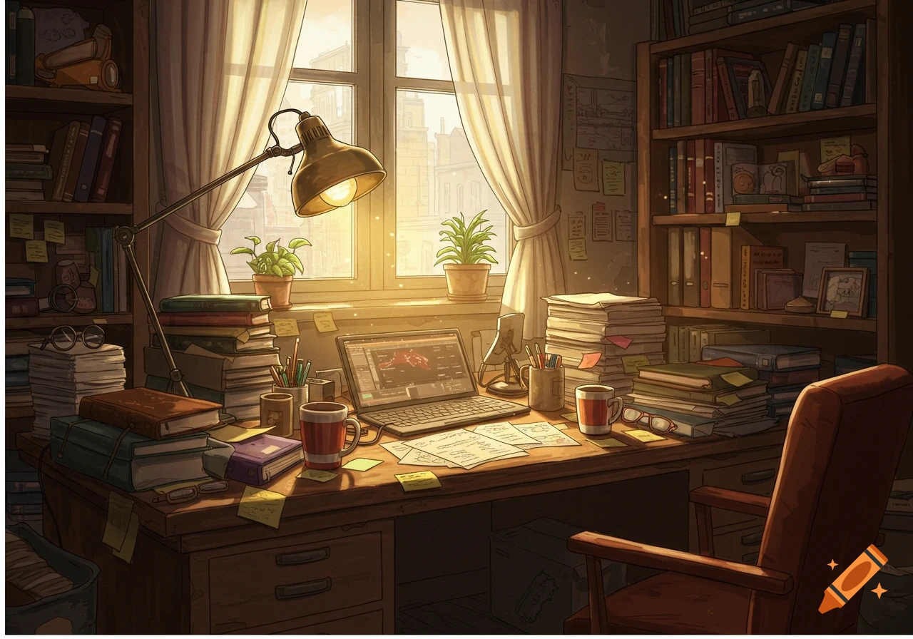 An anime-style illustration of a warm, cluttered study desk with books, a laptop, and a desk lamp by a sunny window.