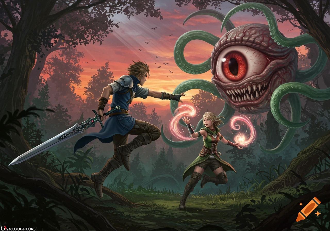 Male warrior with sword and female mage casting spells battle a giant eyeball monster with tentacles in a sunset forest, high-detail fantasy art.