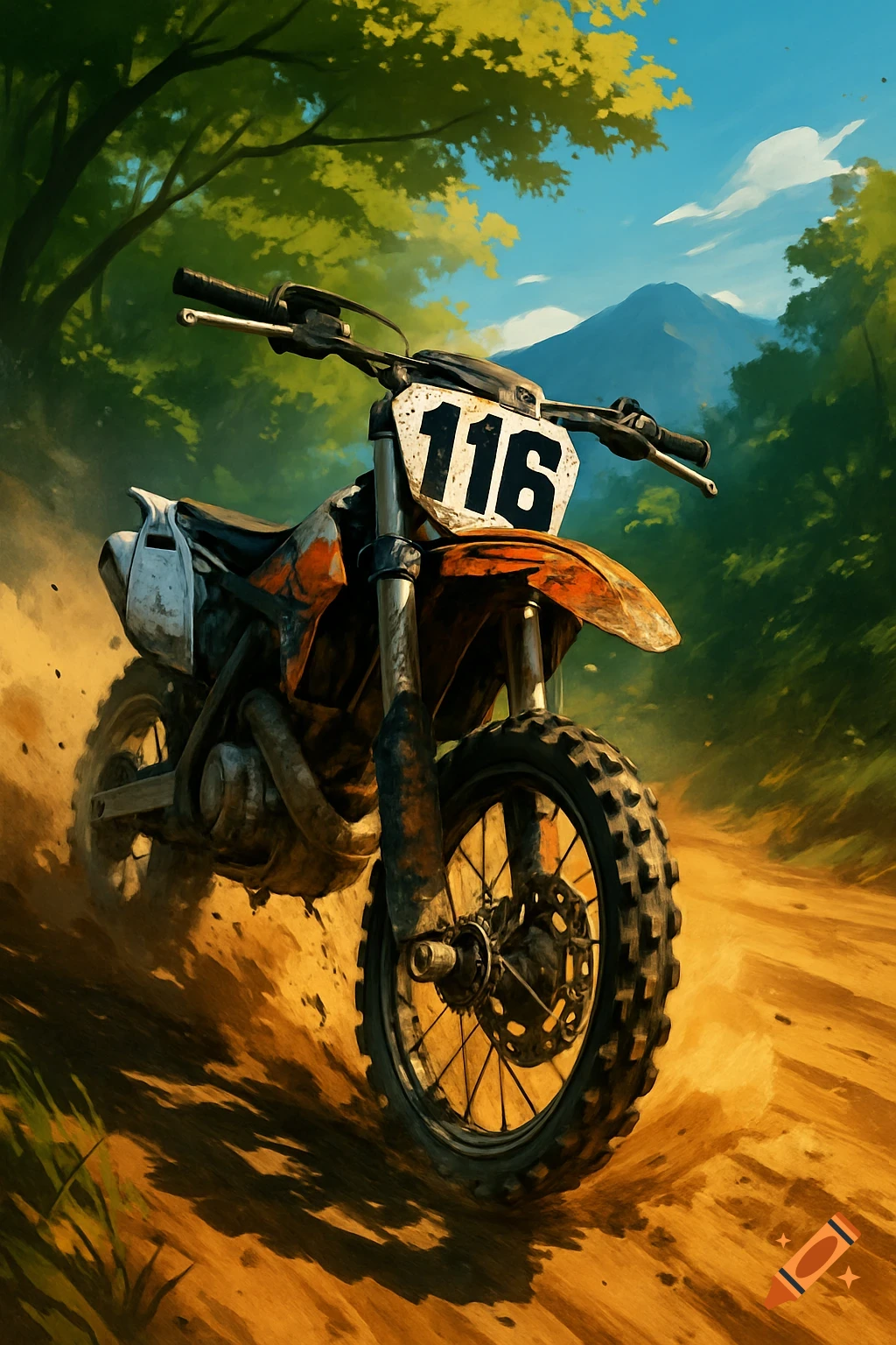 Stylized illustration of a dirty orange dirt bike with number 116, kicking up dust on a forest track, a mountain in the background.