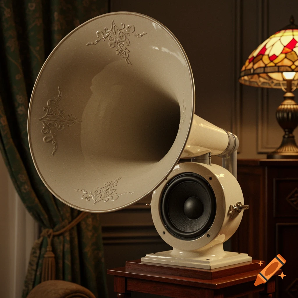 A cream-colored modern speaker with a large vintage-style horn sits on a wooden table, next to a stained glass lamp and green curtains.