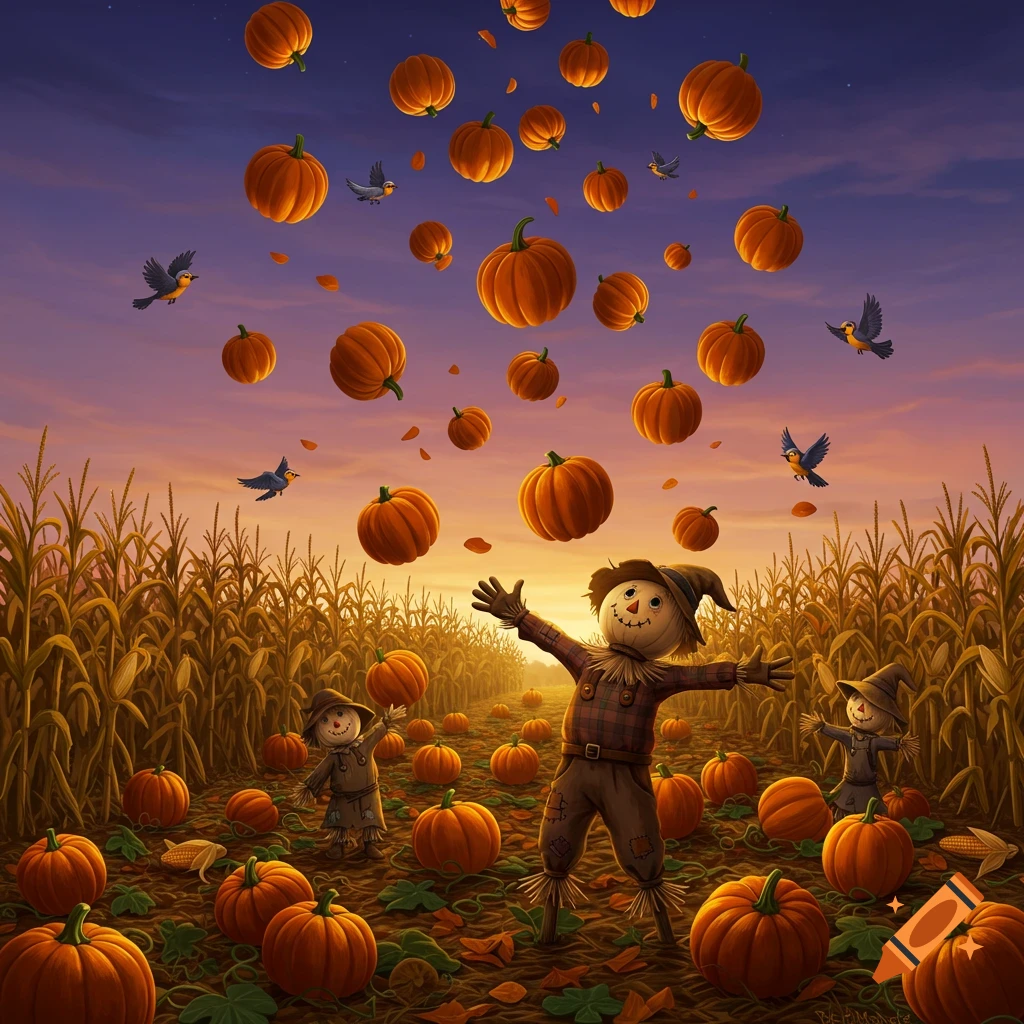 Whimsical illustration of pumpkins falling from a sunset sky over a cornfield, with scarecrows reaching up.