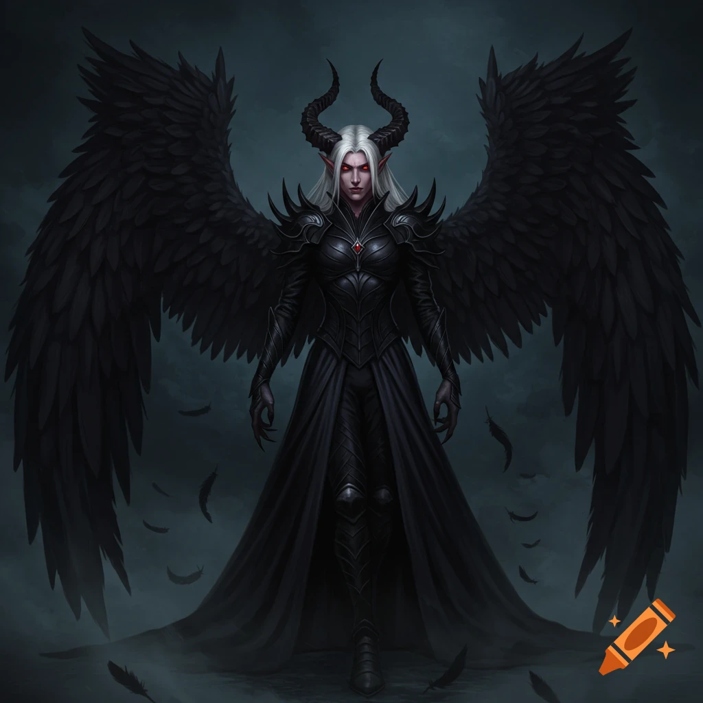 A white-haired, red-eyed female demon with horns, black wings, and a long black dress stands in a dark fantasy art style.
