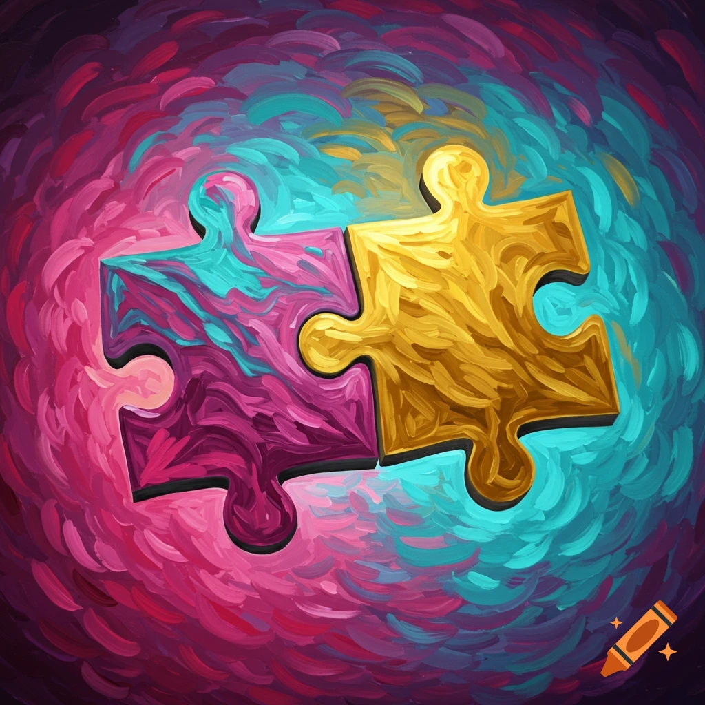 Two vibrantly colored, textured puzzle pieces, one pink/purple and one golden yellow, interlocking against a swirling painterly background of similar hues.