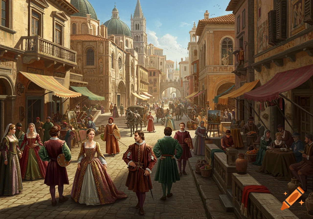A detailed painting of a bustling Renaissance-era European city street with many people in period clothing, market stalls, and grand buildings with domes and towers under a clear sky.